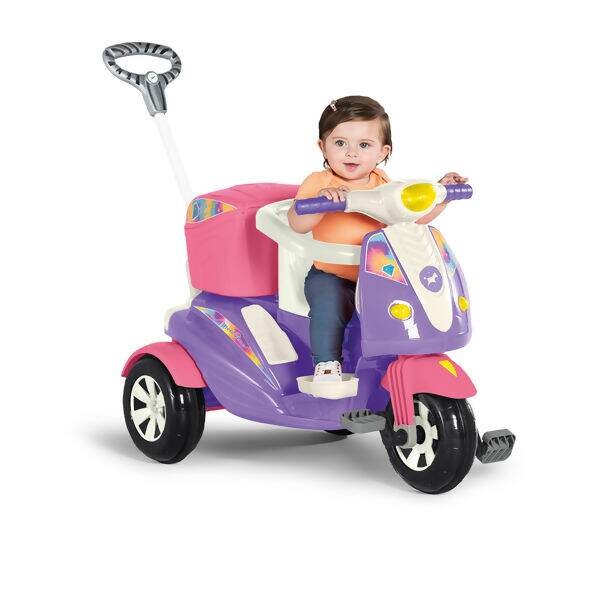 Triciclo Infantil Moto Uno Rosa C/ Empurrador Ou Pedal